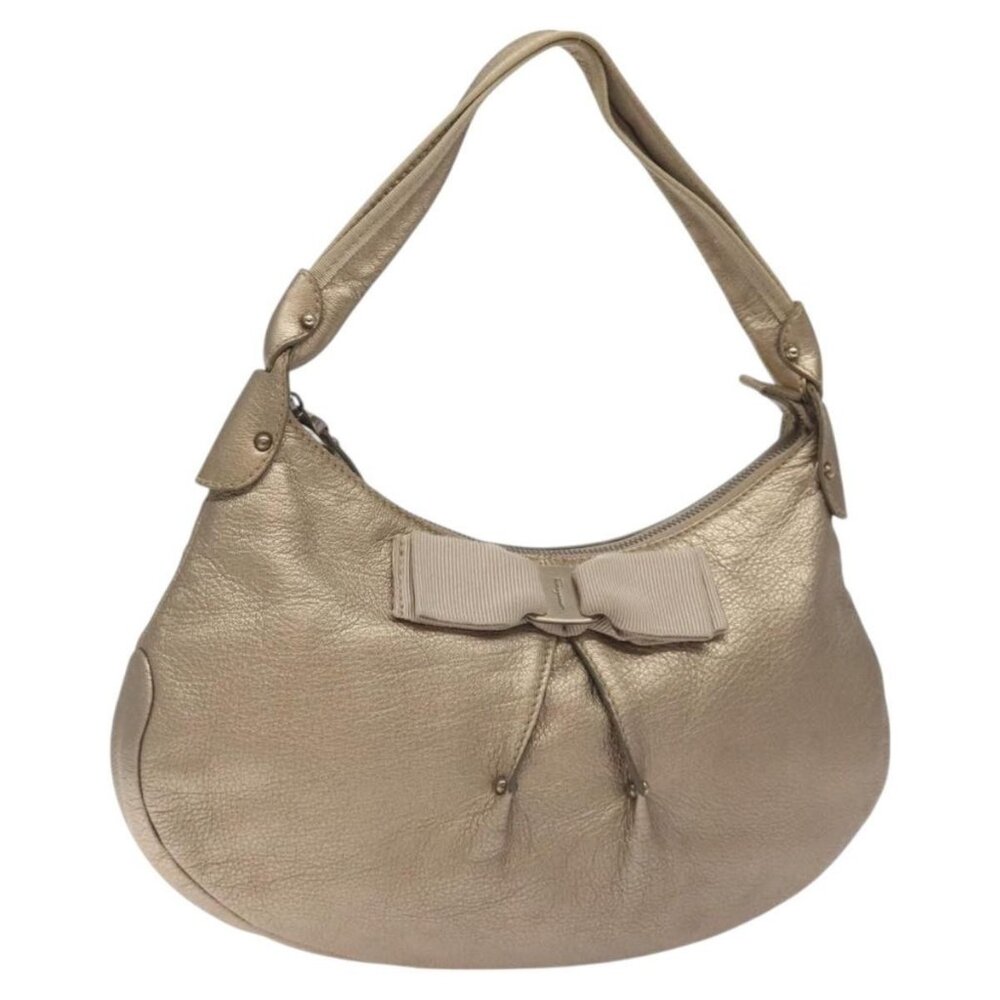 Authentic Salvatore Ferragamo Vala Shoulder Bag Leather Gold